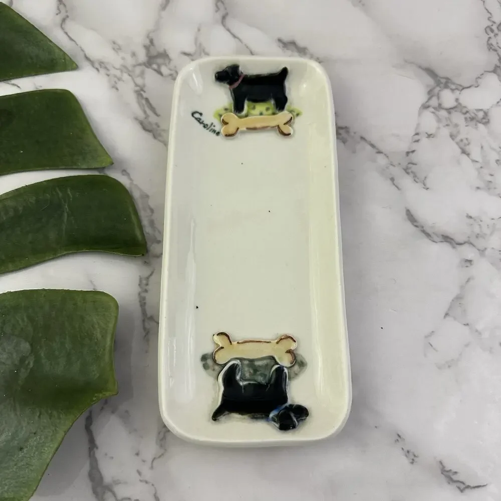 The Porcelain Pasture Black Dog Trinket Dish Ring Tray White Bone Caroline Puppy